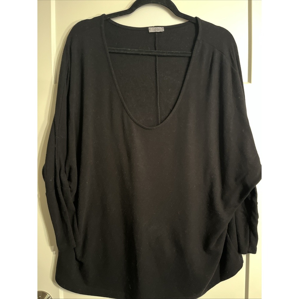 TOBI Womens Black Long Sleeve Deep Scoop Neck Oversized Blouse Top Large